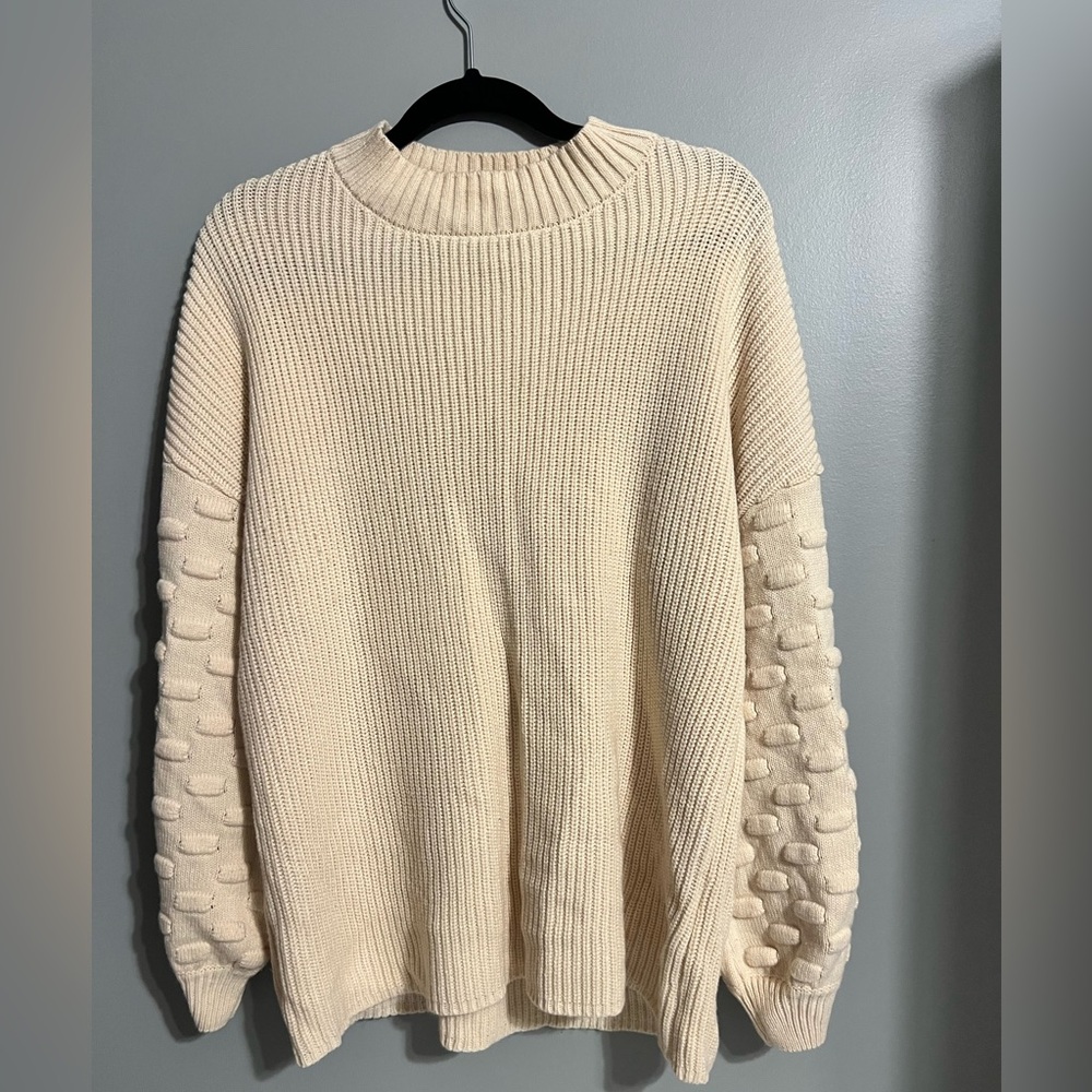Cream Knit Sweater with Textured Sleeves